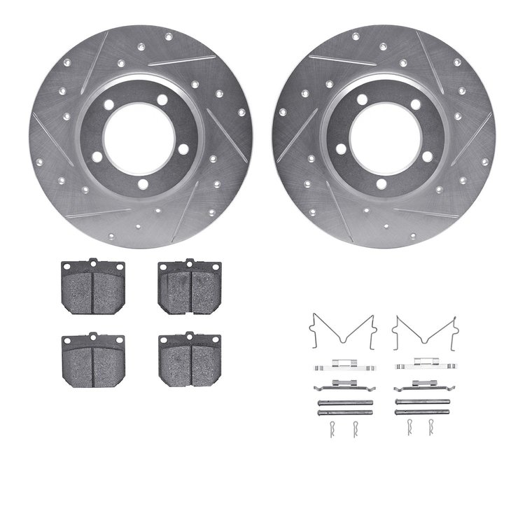 7512-76006 Drilled/Slotted Brake Rotors w/5000 Advanced Brake Pads Kit & Hardware [Silver], 1975-1983 Lexus/Toyota/Scion, Positi