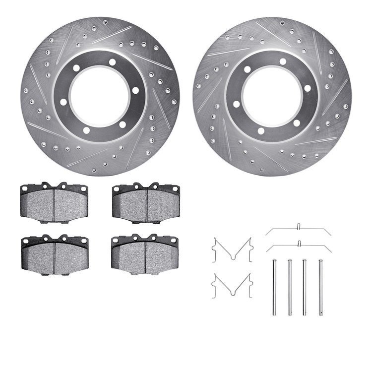 7512-76009 Drilled/Slotted Brake Rotors w/5000 Advanced Brake Pads Kit & Hardware [Silver], 1986-1988 Lexus/Toyota/Scion, Positi