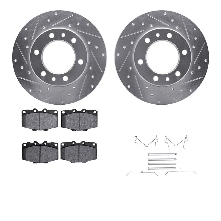7512-76011 Drilled/Slotted Brake Rotors w/5000 Advanced Brake Pads Kit & Hardware [Silver], 1981-1985 Lexus/Toyota/Scion, Positi