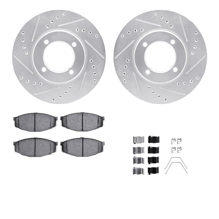 7512-76017 Drilled/Slotted Brake Rotors w/5000 Advanced Brake Pads Kit & Hardware [Silver], 1984-1987 Lexus/Toyota/Scion, Positi