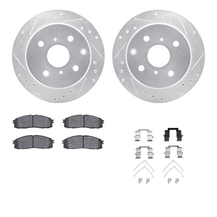 7512-76018 Drilled/Slotted Brake Rotors w/5000 Advanced Brake Pads Kit & Hardware [Silver], 1984-1987 Lexus/Toyota/Scion, Positi