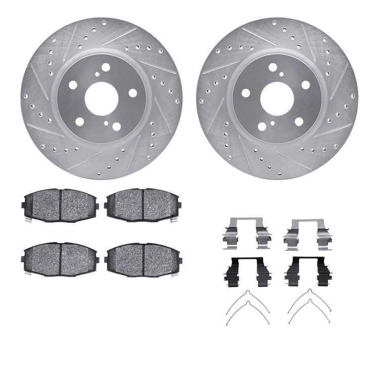 7512-76021 Drilled/Slotted Brake Rotors w/5000 Advanced Brake Pads Kit & Hardware [Silver], 1986-1992 Lexus/Toyota/Scion, Positi