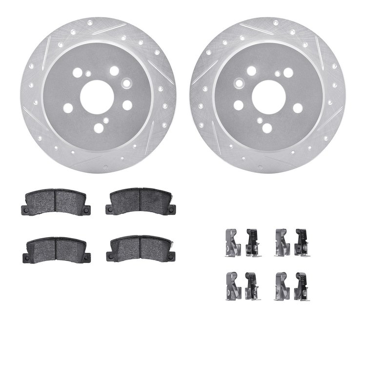 7512-76023 Drilled/Slotted Brake Rotors w/5000 Advanced Brake Pads Kit & Hardware [Silver], 1987-1991 Lexus/Toyota/Scion, Positi