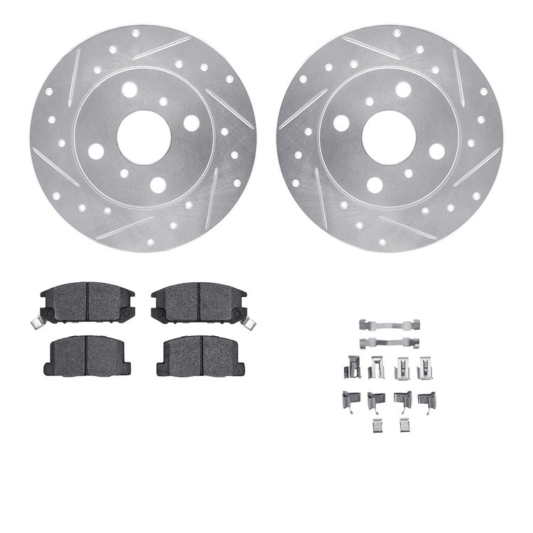 7512-76026 Drilled/Slotted Brake Rotors w/5000 Advanced Brake Pads Kit & Hardware [Silver], 1985-1986 Lexus/Toyota/Scion, Positi