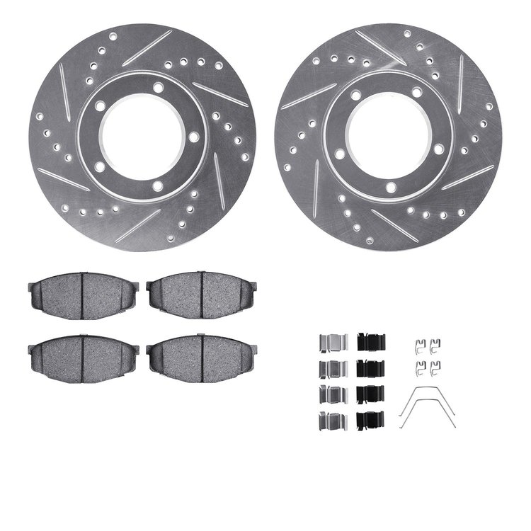 7512-76027 Drilled/Slotted Brake Rotors w/5000 Advanced Brake Pads Kit & Hardware [Silver], 1984-1995 Lexus/Toyota/Scion, Positi