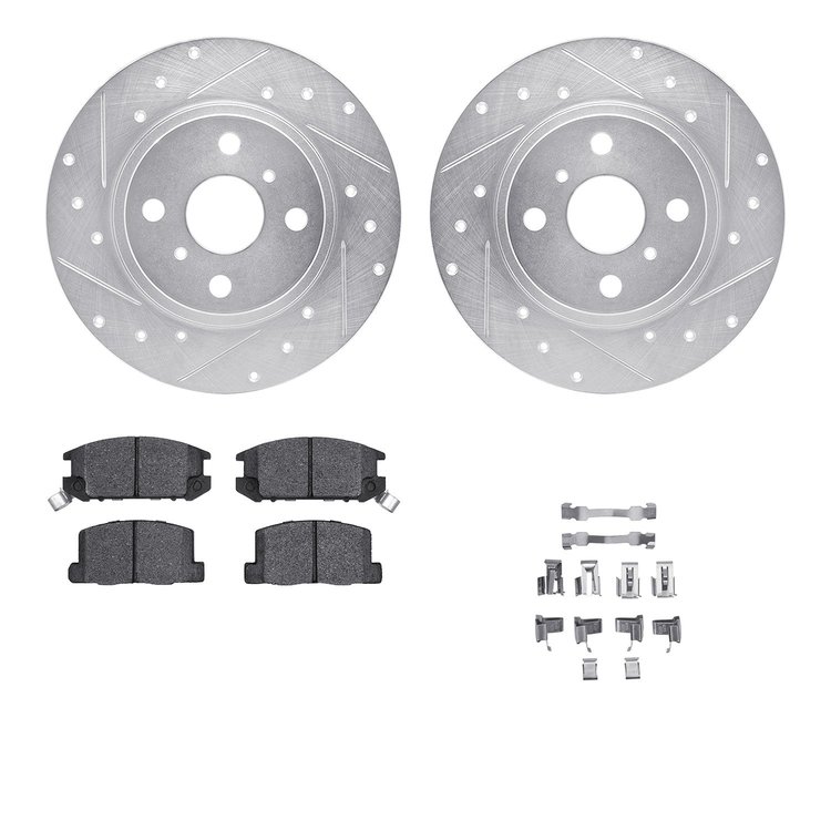 7512-76033 Drilled/Slotted Brake Rotors w/5000 Advanced Brake Pads Kit & Hardware [Silver], 1987-1989 Lexus/Toyota/Scion, Positi