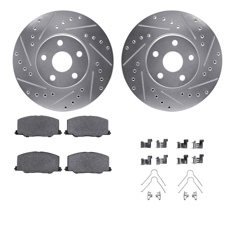 7512-76037 Drilled/Slotted Brake Rotors w/5000 Advanced Brake Pads Kit & Hardware [Silver], 1987-1991 Lexus/Toyota/Scion, Positi