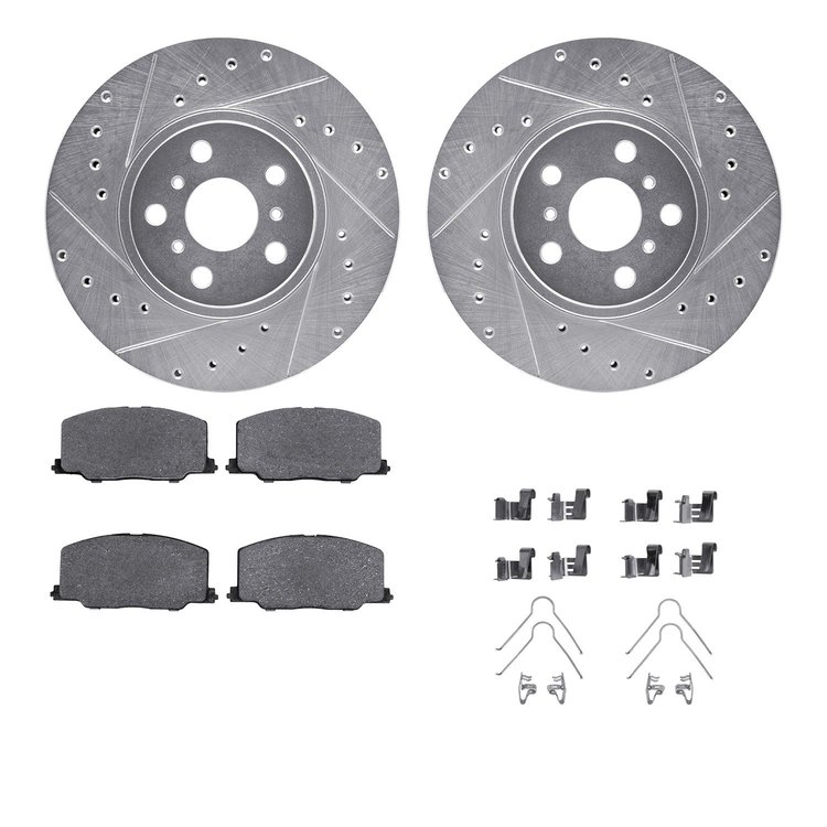 7512-76040 Drilled/Slotted Brake Rotors w/5000 Advanced Brake Pads Kit & Hardware [Silver], 1990-1993 Lexus/Toyota/Scion, Positi