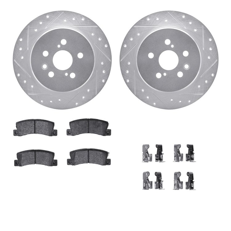 7512-76041 Drilled/Slotted Brake Rotors w/5000 Advanced Brake Pads Kit & Hardware [Silver], 1990-1993 Lexus/Toyota/Scion, Positi