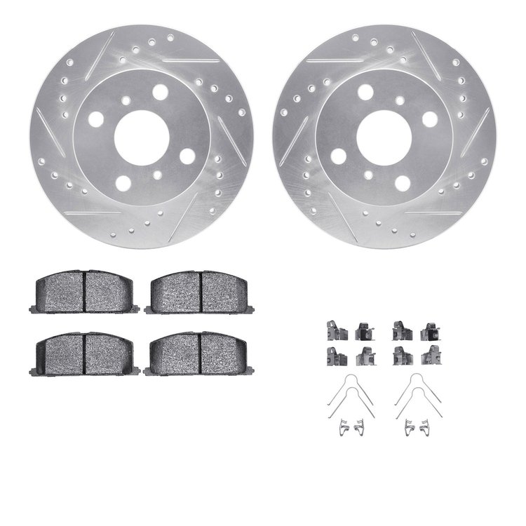 7512-76044 Drilled/Slotted Brake Rotors w/5000 Advanced Brake Pads Kit & Hardware [Silver], 1995-1999 Lexus/Toyota/Scion, Positi