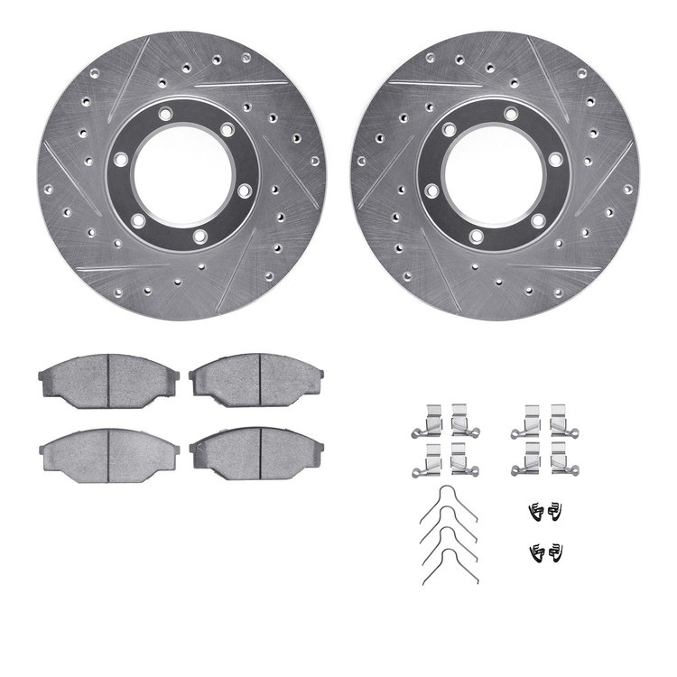 7512-76046 Drilled/Slotted Brake Rotors w/5000 Advanced Brake Pads Kit & Hardware [Silver], 1987-1988 Lexus/Toyota/Scion, Positi