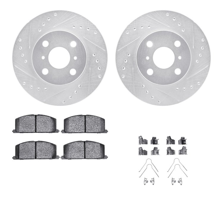 7512-76048 Drilled/Slotted Brake Rotors w/5000 Advanced Brake Pads Kit & Hardware [Silver], 1992-1995 Lexus/Toyota/Scion, Positi