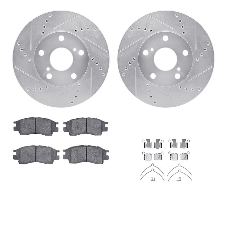 7512-76051 Drilled/Slotted Brake Rotors w/5000 Advanced Brake Pads Kit & Hardware [Silver], 1992-1996 Lexus/Toyota/Scion, Positi