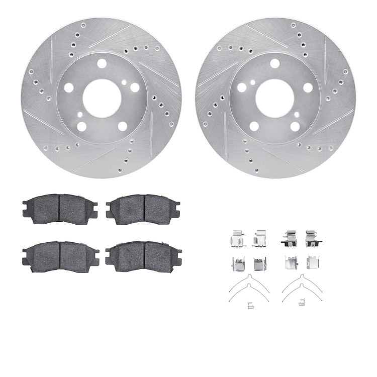 7512-76052 Drilled/Slotted Brake Rotors w/5000 Advanced Brake Pads Kit & Hardware [Silver], 1995-2003 Lexus/Toyota/Scion, Positi