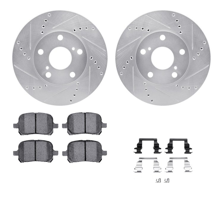 7512-76053 Drilled/Slotted Brake Rotors w/5000 Advanced Brake Pads Kit & Hardware [Silver], 1997-2004 Lexus/Toyota/Scion, Positi