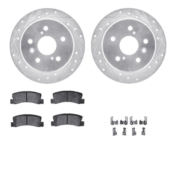 7512-76057 Drilled/Slotted Brake Rotors w/5000 Advanced Brake Pads Kit & Hardware [Silver], 1997-1999 Lexus/Toyota/Scion, Positi