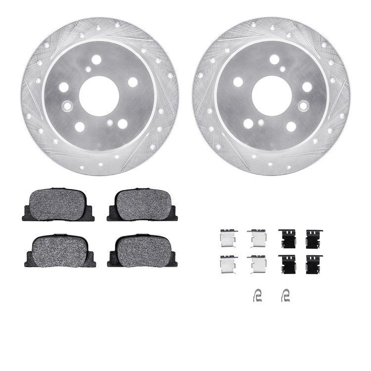 7512-76059 Drilled/Slotted Brake Rotors w/5000 Advanced Brake Pads Kit & Hardware [Silver], 2000-2001 Lexus/Toyota/Scion, Positi