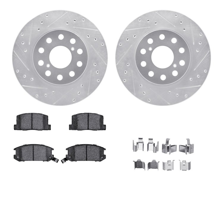 7512-76066 Drilled/Slotted Brake Rotors w/5000 Advanced Brake Pads Kit & Hardware [Silver], 1992-1995 Lexus/Toyota/Scion, Positi