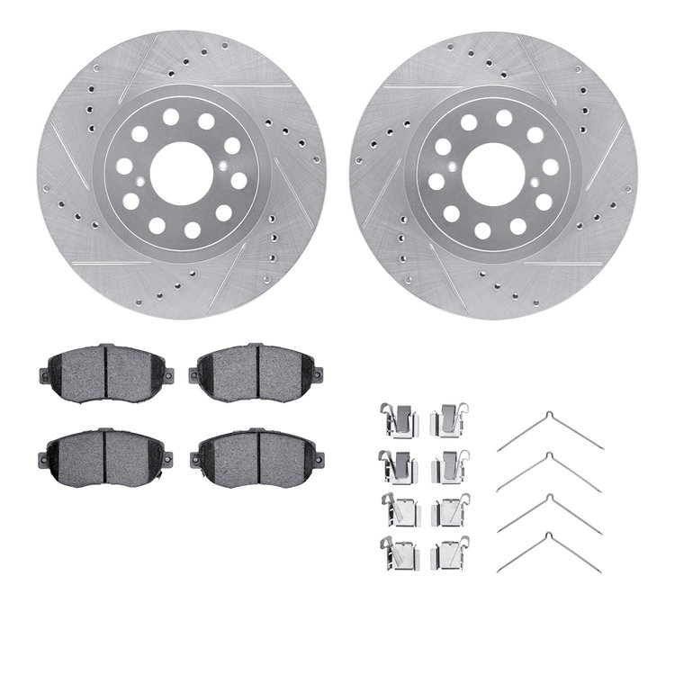 7512-76070 Drilled/Slotted Brake Rotors w/5000 Advanced Brake Pads Kit & Hardware [Silver], 1993-1998 Lexus/Toyota/Scion, Positi