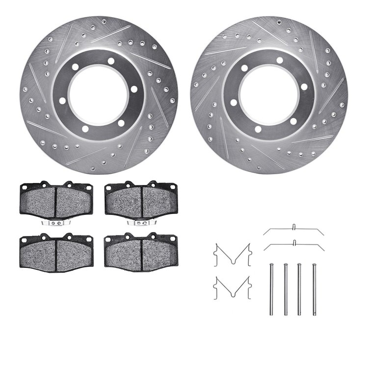 7512-76073 Drilled/Slotted Brake Rotors w/5000 Advanced Brake Pads Kit & Hardware [Silver], 1988-1995 Lexus/Toyota/Scion, Positi