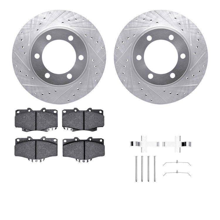 7512-76077 Drilled/Slotted Brake Rotors w/5000 Advanced Brake Pads Kit & Hardware [Silver], 1995-2004 Lexus/Toyota/Scion, Positi