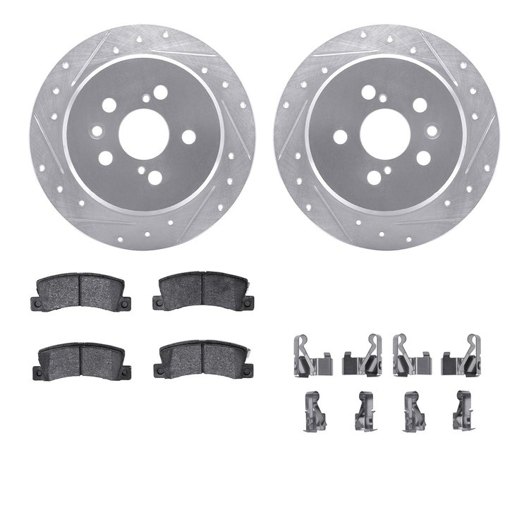 7512-76078 Drilled/Slotted Brake Rotors w/5000 Advanced Brake Pads Kit & Hardware [Silver], 1998-1999 Lexus/Toyota/Scion, Positi