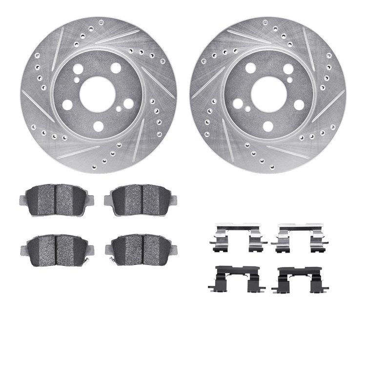 7512-76081 Drilled/Slotted Brake Rotors w/5000 Advanced Brake Pads Kit & Hardware [Silver], 2000-2000 Lexus/Toyota/Scion, Positi