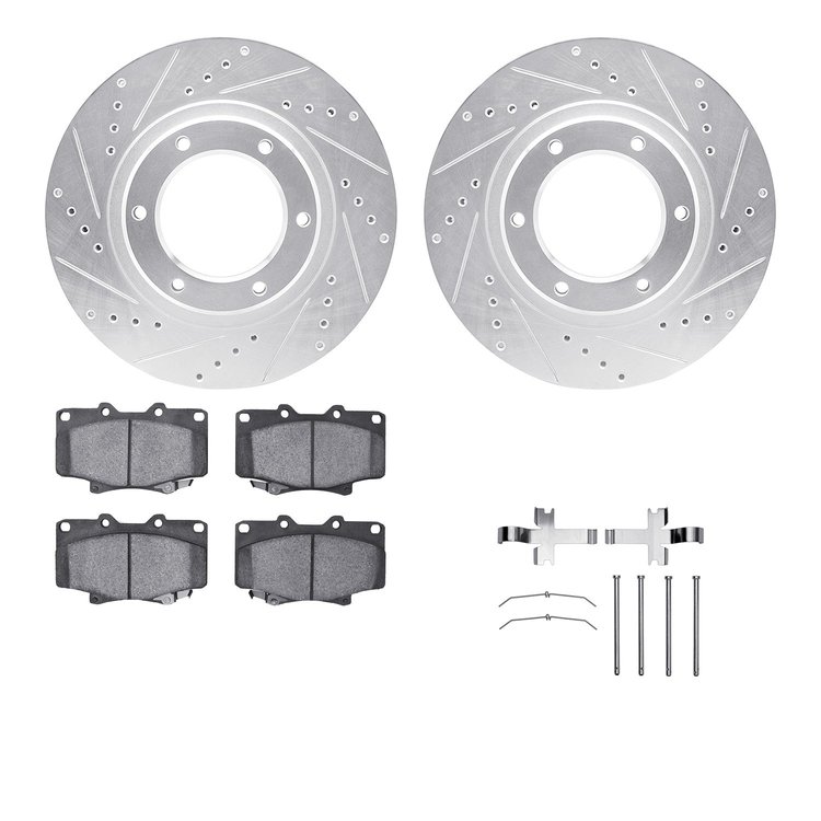 7512-76087 Drilled/Slotted Brake Rotors w/5000 Advanced Brake Pads Kit & Hardware [Silver], 1993-1997 Lexus/Toyota/Scion, Positi