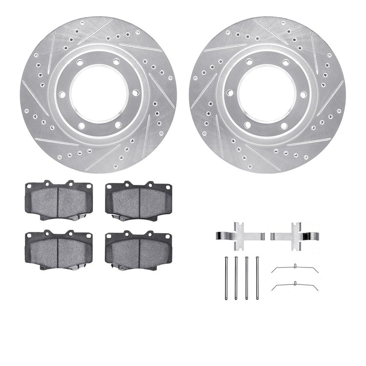 7512-76088 Drilled/Slotted Brake Rotors w/5000 Advanced Brake Pads Kit & Hardware [Silver], 1990-1992 Lexus/Toyota/Scion, Positi