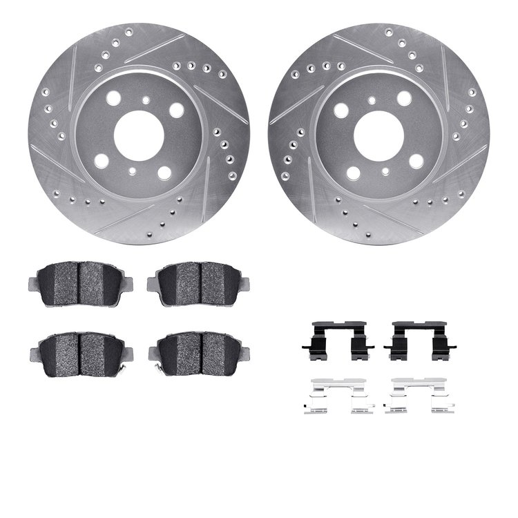 7512-76095 Drilled/Slotted Brake Rotors w/5000 Advanced Brake Pads Kit & Hardware [Silver], 2001-2003 Lexus/Toyota/Scion, Positi