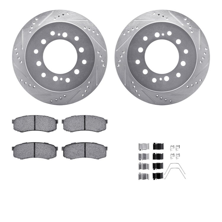 7512-76099 Drilled/Slotted Brake Rotors w/5000 Advanced Brake Pads Kit & Hardware [Silver], 2001-2009 Lexus/Toyota/Scion, Positi