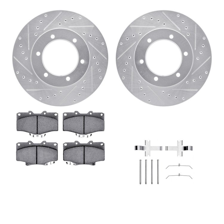 7512-76102 Drilled/Slotted Brake Rotors w/5000 Advanced Brake Pads Kit & Hardware [Silver], 1991-1998 Lexus/Toyota/Scion, Positi