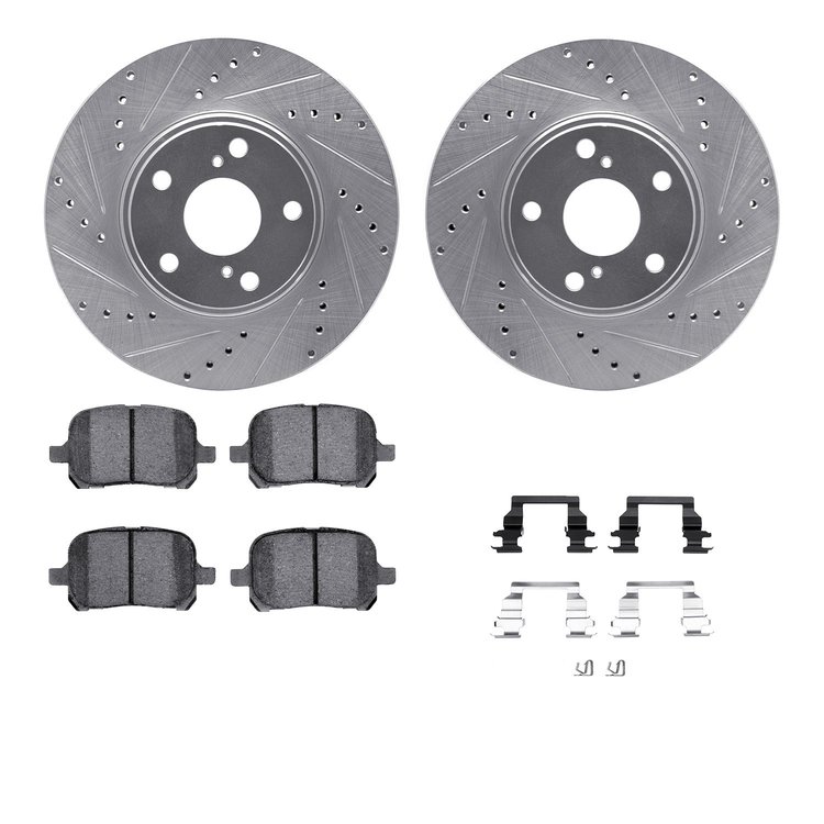 7512-76113 Drilled/Slotted Brake Rotors w/5000 Advanced Brake Pads Kit & Hardware [Silver], 1999-2001 Lexus/Toyota/Scion, Positi