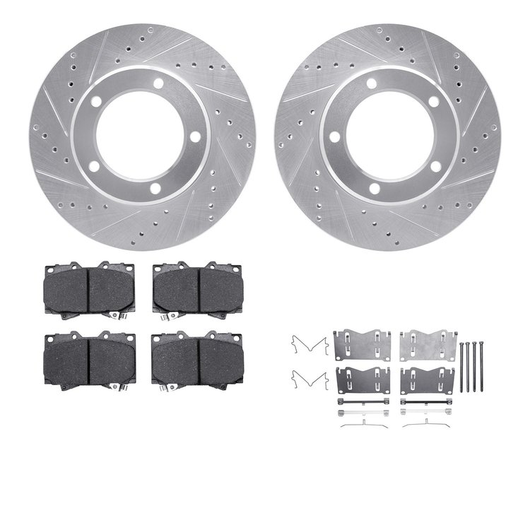 7512-76115 Drilled/Slotted Brake Rotors w/5000 Advanced Brake Pads Kit & Hardware [Silver], 1998-2007 Lexus/Toyota/Scion, Positi