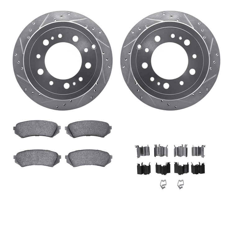 7512-76116 Drilled/Slotted Brake Rotors w/5000 Advanced Brake Pads Kit & Hardware [Silver], 1998-2007 Lexus/Toyota/Scion, Positi