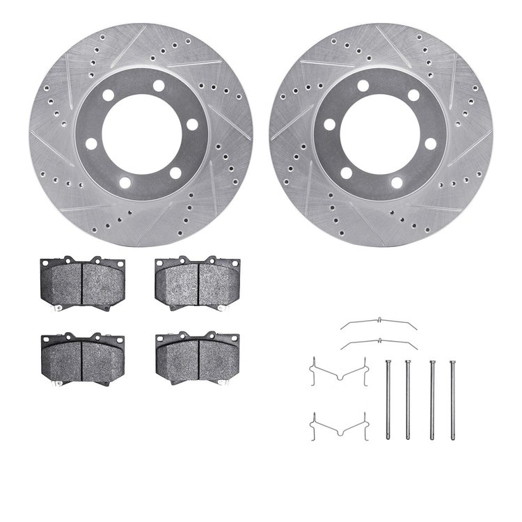 7512-76117 Drilled/Slotted Brake Rotors w/5000 Advanced Brake Pads Kit & Hardware [Silver], 2000-2002 Lexus/Toyota/Scion, Positi