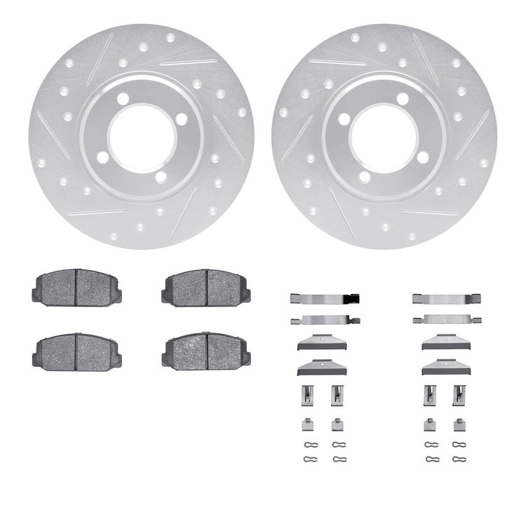 7512-76119 Drilled/Slotted Brake Rotors w/5000 Advanced Brake Pads Kit & Hardware [Silver], 1970-1975 Lexus/Toyota/Scion, Positi