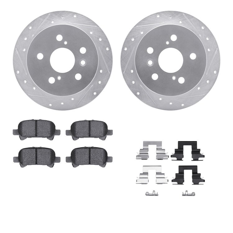 7512-76120 Drilled/Slotted Brake Rotors w/5000 Advanced Brake Pads Kit & Hardware [Silver], 2002-2008 Lexus/Toyota/Scion, Positi