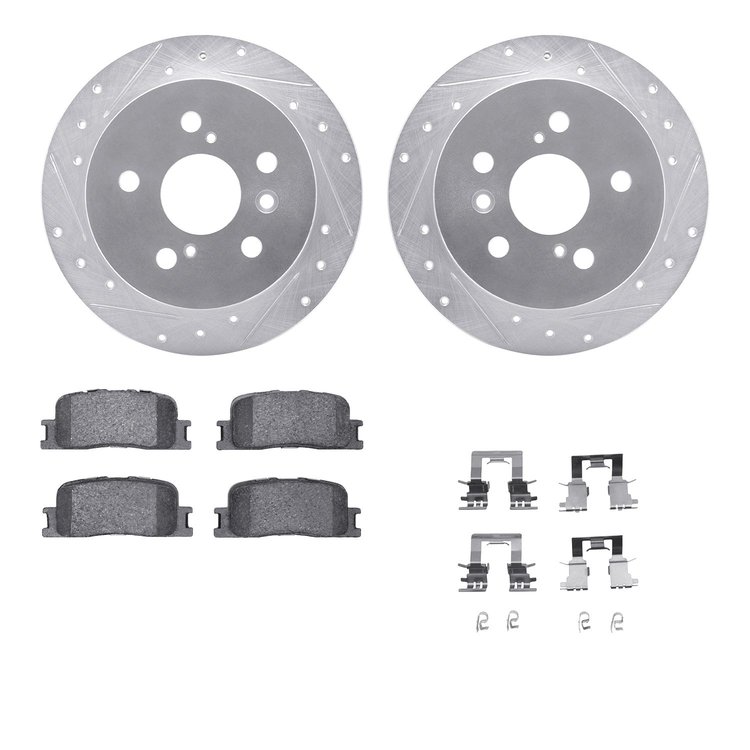 7512-76121 Drilled/Slotted Brake Rotors w/5000 Advanced Brake Pads Kit & Hardware [Silver], 2002-2006 Lexus/Toyota/Scion, Positi