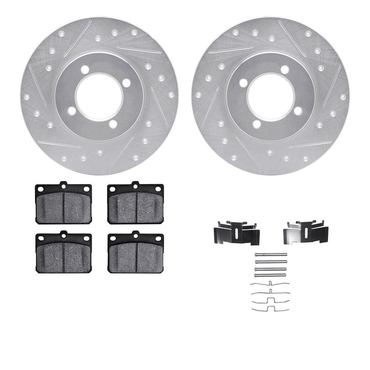 7512-76123 Drilled/Slotted Brake Rotors w/5000 Advanced Brake Pads Kit & Hardware [Silver], 1980-1980 Lexus/Toyota/Scion, Positi