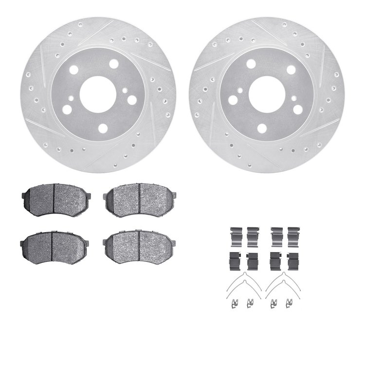 7512-76124 Drilled/Slotted Brake Rotors w/5000 Advanced Brake Pads Kit & Hardware [Silver], 1989-1992 Lexus/Toyota/Scion, Positi