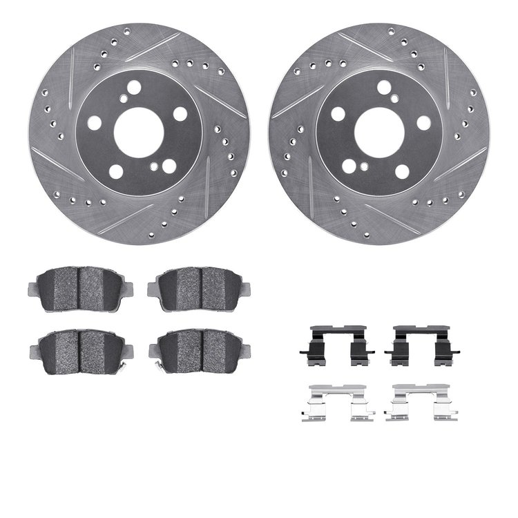 7512-76125 Drilled/Slotted Brake Rotors w/5000 Advanced Brake Pads Kit & Hardware [Silver], 2004-2009 Lexus/Toyota/Scion, Positi