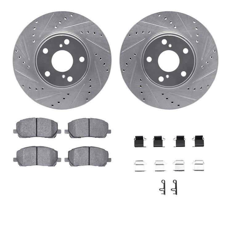 7512-76131 Drilled/Slotted Brake Rotors w/5000 Advanced Brake Pads Kit & Hardware [Silver], 2001-2007 Lexus/Toyota/Scion, Positi