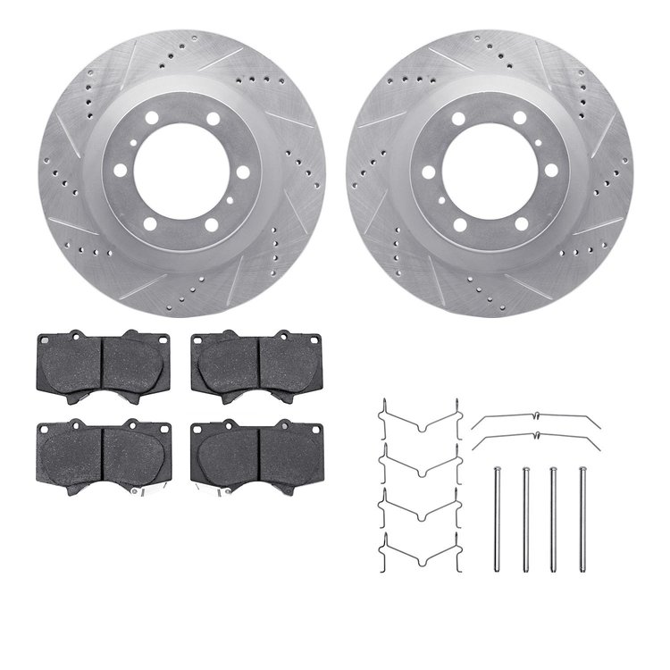 7512-76148 Drilled/Slotted Brake Rotors w/5000 Advanced Brake Pads Kit & Hardware [Silver], Fits Select Lexus/Toyota/Scion, Posi