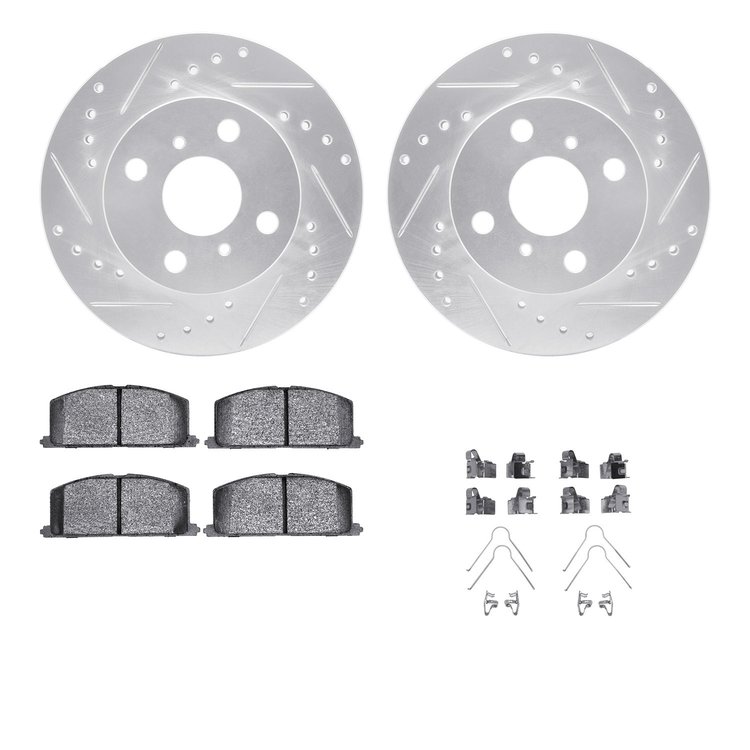 7512-76157 Drilled/Slotted Brake Rotors w/5000 Advanced Brake Pads Kit & Hardware [Silver], 1991-1994 Lexus/Toyota/Scion, Positi
