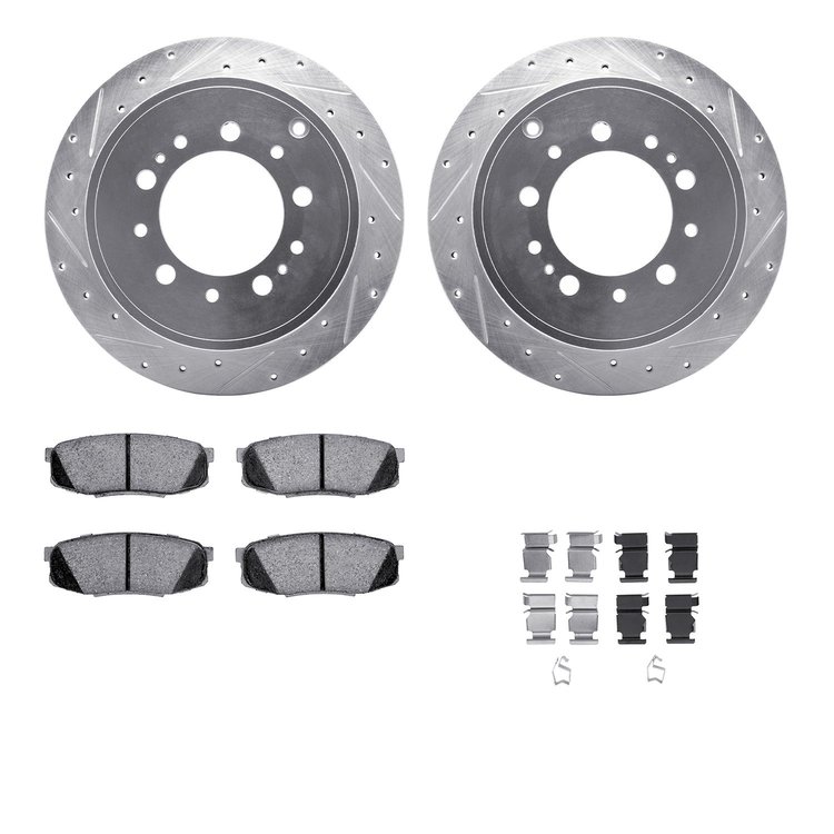 7512-76163 Drilled/Slotted Brake Rotors w/5000 Advanced Brake Pads Kit & Hardware [Silver], Fits Select Lexus/Toyota/Scion, Posi