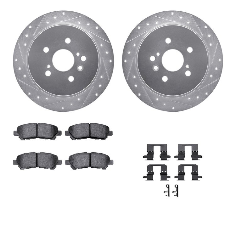 7512-76165 Drilled/Slotted Brake Rotors w/5000 Advanced Brake Pads Kit & Hardware [Silver], 2008-2013 Lexus/Toyota/Scion, Positi
