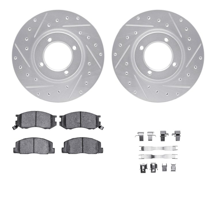 7512-76173 Drilled/Slotted Brake Rotors w/5000 Advanced Brake Pads Kit & Hardware [Silver], 1986-1989 Lexus/Toyota/Scion, Positi