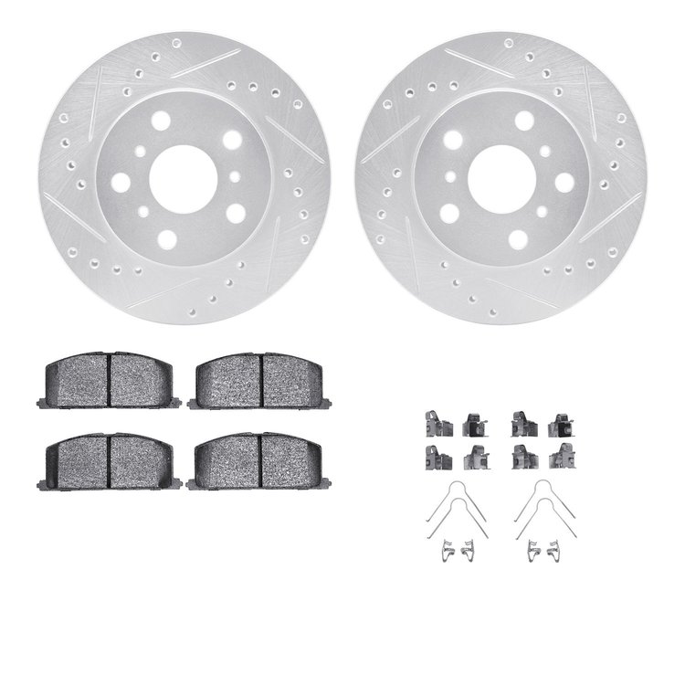 7512-76174 Drilled/Slotted Brake Rotors w/5000 Advanced Brake Pads Kit & Hardware [Silver], 1983-1986 Lexus/Toyota/Scion, Positi