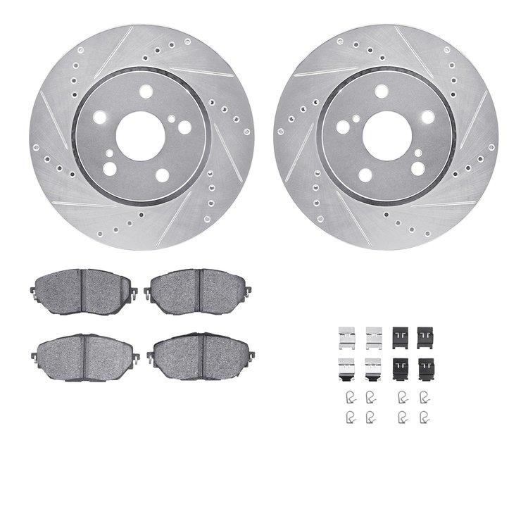 7512-76183 Drilled/Slotted Brake Rotors w/5000 Advanced Brake Pads Kit & Hardware [Silver], Fits Select Lexus/Toyota/Scion, Posi